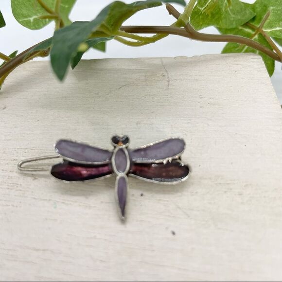 Vintage Y2K Enamel Dragonfly Barrette Purple Silver - Picture 1 of 10